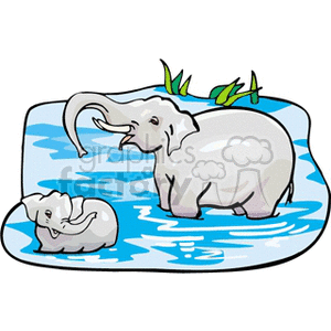 The clipart image depicts two elephants, one adult and one calf, enjoying themselves in a pool of water. The larger elephant appears to be a mother, and she seems to be watching over the baby elephant as it splashes around. Some foliage is visible in the background, suggesting a natural setting.