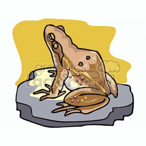 The clipart image depicts a stylized illustration of a frog sitting on a rock. The frog is shown from a side perspective with its head turned as if looking upwards. The background has a simple yellowish tone.