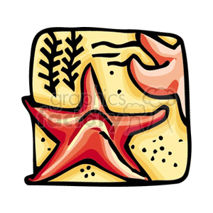 The clipart image depicts a stylized starfish on a sandy beach. It has a cartoonish appearance with bold outlines and vibrant colors, red and yellow, suggesting a simple and playful representation of a sea star in its natural habitat. The beach environment is suggested by the presence of sand, and a small depiction of what appears to be seaweed or ocean plant life.