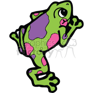 The clipart image features a stylized, colorful frog. It appears to be a representation of a green tree frog. The frog is primarily green with purple and pink patches on its back, arms, and legs.