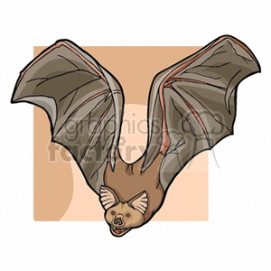 The clipart image shows a bat with its wings outstretched. The bat appears to be illustrated in a cartoonish style, with a focus on the large wings with visible vein details, and a somewhat animated facial expression. The bat is brown in color, and it is depicted against a plain, peach-colored background.