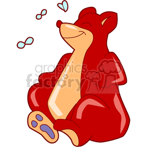 This image appears to be a stylized cartoon clipart of a smiling red bear sitting with its eyes closed, appearing to be in a contented or peaceful state. There are small shapes around the bear that look like hearts and two-toned ovals, possibly representing a whimsical touch to the image, such as a sense of love or bees buzzing around which might be out of view.
