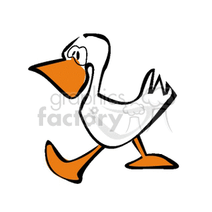 The image is a simple clipart of a white duck. The duck is depicted in a side profile, walking to the right with a slight waddle, as suggested by its lifted foot and outstretched wing tip. It has a large orange bill and orange webbed feet, and it is looking forwards with a visible eye.