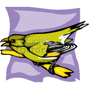 The clipart image shows a stylized illustration perced on a branch. The bird is predominantly yellow with black and white accents on its wings and tail. Its beak is open as if it is calling or singing.  The bird could be intended to represent a vireo, which is a genus of birds known as Vireos, or it could simply be a generic cartoon bird.