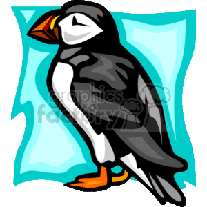 The image is a stylized clipart of a puffin. The puffin is depicted with its distinctive black and white plumage and a colorful beak. The background is simplified and appears to be an abstract representation of the sky or a similarly colored environment.