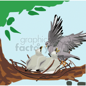 This clipart image features a bird returning to its nest which is situated on a tree branch. In the nest, there are two baby birds waiting, likely for food or care from the adult bird. The scene captures a moment of avian family life, with the parent and chicks interacting in the safety of their nest among the trees.