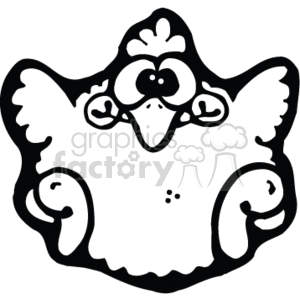 The clipart image shows a stylized representation of a baby chick given its cute and simplified appearance. The chicken's wings are spread open, and it has features like eyes, beak, and a small comb at the top of its head. The design has a country or farm-style aesthetic, and it's presented in a simple black and white outline.