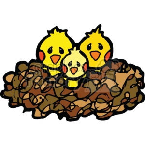 The clipart image illustrates three cute, baby chicks that are yellow in color. They are situated together in a brown nest that's made of intertwined twigs and straws. This image evokes a sense of spring and captures the essence of new life and warmth associated with baby birds during the nesting season. The style is simplified, friendly, and lends itself well to themes like country-style décor, springtime, and animal life.