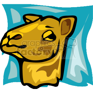 The clipart image depicts a stylized version of a camel's head. The camel appears cartoonish with exaggerated features, such as large eyes and a somewhat smiling expression. The background of the image has abstract shapes in shades of blue, which might suggest the sky or simply serve as a decorative element. The camel's fur is a golden brown color with some spots and shading, giving it a three-dimensional appearance. 