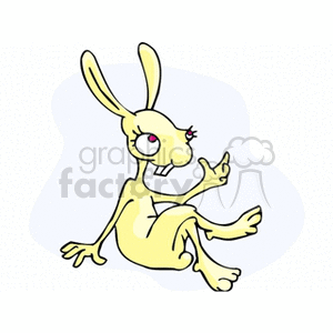 The clipart image shows a cartoonish yellow rabbit with an exaggerated facial expression. The rabbit is sitting and appears to be gesturing with one hand, while the other hand is resting on the ground. The rabbit has large ears, one eye partially closed, and an open mouth revealing teeth.