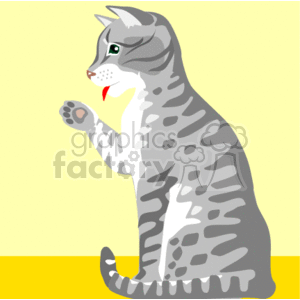 The clipart image features a gray tabby cat that is sitting upright. It has green eyes, distinct darker gray stripes, and a cheerful expression with its mouth slightly open, as it licks itself. The background is yellow with a horizontal dark yellow or gold stripe along the bottom, which might suggest a wall and floor.