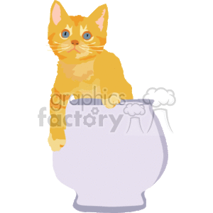 The image is a clipart that features an orange cat with a curious expression perched looking out of the fishbowl, while half sat inside the empty bowl 