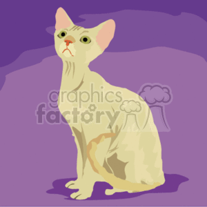 This is a clipart image of a Sphynx cat. The Sphynx is a breed of cat known for its lack of fur, and you can see the characteristic features such as the large ears and the wrinkled skin. The cat is depicted with a cream or light tan color, and the background is a simple gradient of purple shades. The cat's pose suggests it is sitting and looking upwards, possibly attentive to something outside of the frame.