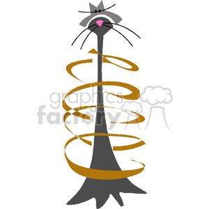 The image depicts a stylized representation of a cat. The cat appears in a simplified, abstract form with a grey body, featuring black whiskers, ears, arms, and legs, with a touch of pink for its nose and a grey tail. Around the cat’s body, there is a spiral ribbon, possibly suggesting movement or playfulness, colored in various shades of gold.