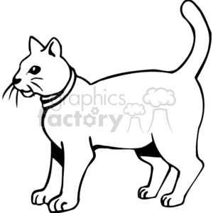 The clipart image depicts a simple, stylized drawing of a cat. The cat is shown in profile, walking with its tail up, and appears to have a collar around its neck. The cat illustration is done in black and white without any shading or color.