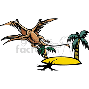 The clipart image features a prehistoric scene that includes a large pterosaur (a type of flying dinosaur) in the foreground, depicted as flying above an island with palm trees. There's also a small island or piece of land with a sandy beach shown in the scene.
