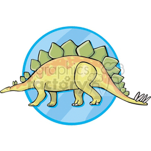 The clipart image depicts a cartoon of a green and yellow dinosaur with a row of prominent, triangle-shaped plates along its back and a spiked tail, which is a characteristic often associated with the Stegosaurus. The dinosaur is enclosed within a circular blue border.