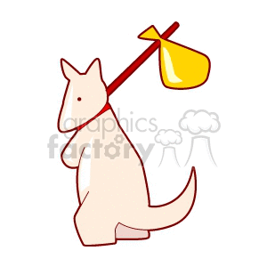 The image is a clipart illustration of a stylized dog standing on its hind legs. The dog is holding a stick with a cloth bundle tied to the end of it, resembling a classic bindle typically associated with the image of a traveler or hobo from historic cartoons or stories.