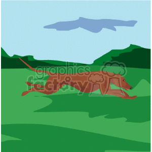 The clipart image shows a brown greyhound dog running on grass. The background features green hills and a blue sky with a single cloud resembling the silhouette of another dog.