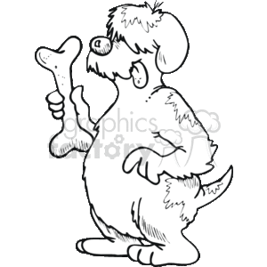 The clipart image shows a cartoon dog standing upright and holding a large bone with its front paw. The dog appears to be looking at the bone with a happy or eager expression. The style of the drawing is simplistic and monochromatic, consisting of black and white outlines and shading.