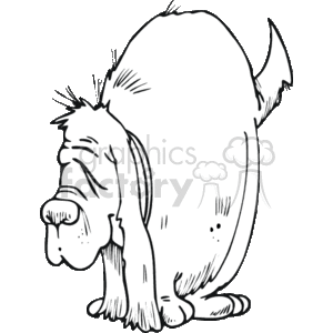The clipart image shows a cartoon of a dog. The dog is drawn in a simplistic black and white line art style, with visible features like droopy ears, a prominent nose, and a tail. The dog is facing to its right and is standing on all fours.