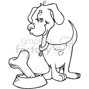 The clipart image shows a cartoon dog standing next to a bowl with a large bone in it. The dog appears to have a collar with a tag and is looking at the bone with a keen interest. The image is black and white and consists of line art, typical of clipart style, and focuses on the theme of pets, specifically puppies or dogs, and their fondness for bones.