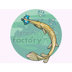 This clipart image depicts an eel-like fish character blowing bubbles underwater. On its nose, it's holding a smaller fish that it has hunted, which is blue with yellow fins. The background suggests an underwater scene with a gradient of blue hues, giving the impression that they are deep under the sea.