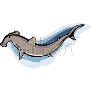 The clipart image depicts a cartoon of a hammerhead shark. The shark is characterized by its distinctive head shape that stretches out and resembles a hammer, which is a feature specific to this species. The hammerhead is shown swimming through the water, indicated by the blue wave-like lines behind it, giving a sense of movement.