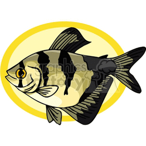 The clipart image shows a stylized tropical fish with black and white stripes. It appears vibrant and cartoony, against a round yellow backdrop that highlights the fish's colors.