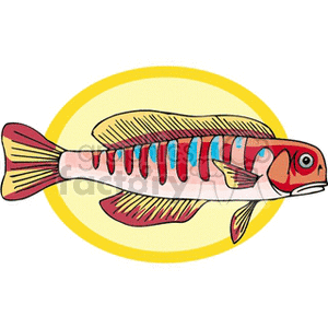 The clipart image features a colorful tropical fish. The fish has a pattern of stripes in different colors and appears to be floating or swimming against a yellow, circular backdrop that could represent the sun or a simplified water reflection.