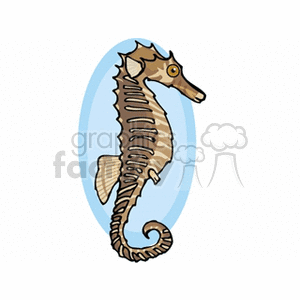This clipart image shows a stylized cartoon of a seahorse with a curled tail, facing to the right. The background is a simple blue oval, possibly representing water.