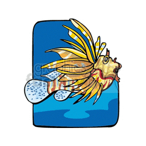 The clipart image features a colorful, stylized depiction of a lionfish swimming in blue water. The lionfish is illustrated with elongated fin rays and striped patterns along its body, appearing in hues of yellow, red, and white, with blue accents on its fins.