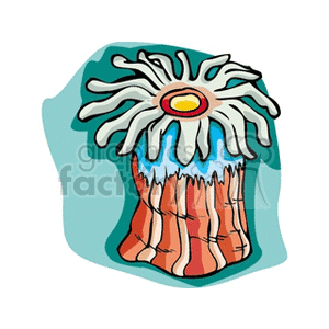 The image is a stylized depiction of a sea anemone, a marine creature often found in coral reefs. It has a base that resembles a rock or coral, with an array of long, wavy tentacles at the top surrounding a central mouth-like structure with a bright red-orange ring.
