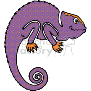 This image is a stylized, clipart version of a chameleon. It is predominantly purple with what appears to be small, lighter-colored polka dots covering its body. The chameleon has orange feet, a distinctive curled tail, and is portrayed in profile with its eye prominently displayed. The simple lines and bright colors give it a playful, whimsical appearance, which is characteristic of clipart designed for a wide range of uses, such as educational materials, decorations, or children's content.