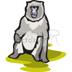 The image is a clipart representation of a monkey. The monkey is depicted sitting down, with a notable facial expression and shading that suggests some dimensionality. The colors are predominantly grey and white, with a bit of blue detailing on the face. The monkey is placed against a transparent background with a yellow and green flat shadow beneath it, giving the impression that the monkey is sitting on a surface.