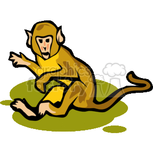The clipart image shows a cartoon monkey seated on a green surface. The monkey has a golden-brown color with lighter shades on its face and darker accent marks to define its features. It appears to be in a sitting position with one arm extended, as if reaching out or gesturing. The monkey has a long, curved tail and is portrayed in a simplified, stylized manner typical of clipart illustrations.