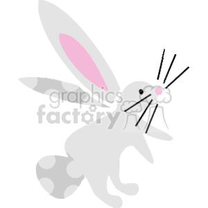 The clipart image shows a stylized cartoon rabbit. The rabbit's features include large ears with pink inner detailing, a round body with a pattern indicating a fluffy tail, and a simple face with whiskers. The colors are primarily shades of grey and pink for the ears, with a white outline that suggests the image was designed for use on darker backgrounds. It has a playful and cute design, commonly associated with Easter or spring-themed graphics.