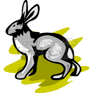 This is a clipart image of a rabbit. The rabbit is depicted in a stylized manner with shading and highlights, giving it a three-dimensional look. It is standing against a backdrop with abstract yellow elements, possibly representing a burst of sunlight or a stylized ground cover. 