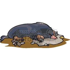 The clipart image depicts a cartoon of a mole. This mole is designed with a simplistic style, shown in a side profile. It seems to be digging or burrowing into the ground, with some loose soil around its claws, indicating its burrowing activity.