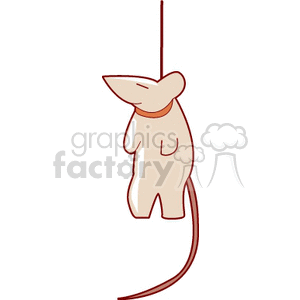 The image depicts a stylized drawing of what appears to be a mouse or rat. It's a simple representation, showing the animal in a light color with a long tail and large ears, hanging by its tail from a string-like line.