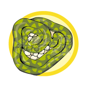 The clipart image features a cartoon of a coiled green snake with a pattern on its back. The snake has an open mouth showing its teeth, suggesting it might be hissing or about to strike. The background is a simple yellow ovoid shape.