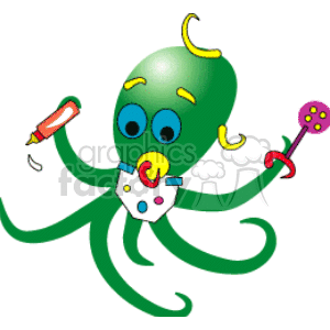 This is a clipart image of a cartoon octopus depicted in a whimsical and child-friendly manner. The octopus has a green body and blue eyes, and appears to have a yellow horn-like appendage on its head. It is also wearing a bib and has a pacifier in its mouth, which suggests that it is intended to represent a baby octopus. The octopus' tentacles are holding a variety of items: a bottle of what might be milk, a rattle, and a small anchor, which adds to the playful and cute theme of the image. The image fits the keywords provided, relating to octopus, baby, animals, and water-going, as octopuses are marine animals.