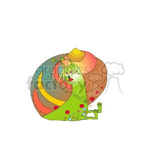 The image shows a colorful clipart of a snail. The snail has a multicolored shell with stripes in hues of pink, green, yellow, and orange. The body of the snail is green, and it has cartoonish eyes and a smile. The overall style is whimsical and playful, typical of children's book illustrations or decorative clipart.