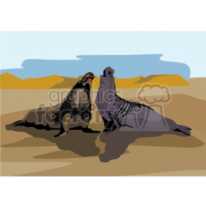 The image is a clipart featuring two seals on a sandy beach. The background indicates a coastal scene with possibly water and a simple representation of the sky featuring yellow and blue hues.