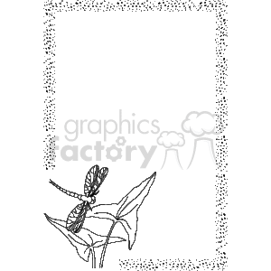 The image is a decorative border with motifs of dragonflies around the edges. The frame is mostly empty, leaving a large space in the center for text or other images to be inserted. At the bottom left corner, there's an illustration of a dragonfly perched on what appears to be a plant or a cluster of leaves. The style of the border is intricate and detailed, with the dragonflies forming a complex, ornamental pattern.
