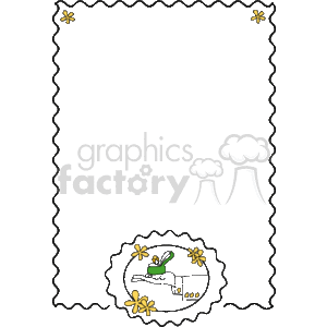 The image shows a decorative border or frame with a rickrack or zigzag pattern. There are yellow flowers with five petals placed at intervals around the border. Inside the frame, towards the lower center, there is an oval label or emblem containing a small image of a hand holding a wedding ring box, with the ring showing. The overall theme suggests something to do with a proposal or wedding.