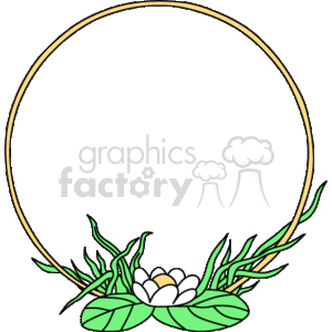 The image contains a circular clipart border or frame. At the bottom of the circle, there is a decorative element featuring a white flower surrounded by green foliage including leaves and stems. The overall design is simple and suggests a theme that could be used for invitations, stationary, or decorative purposes.