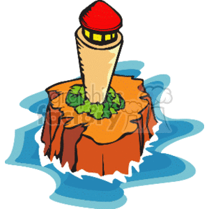 The clipart image shows a stylized lighthouse with a red top located on an island. The island has a rocky base with greenery at the base of the lighthouse. Surrounding the island are blue wavy lines representing water. The image is colorful and cartoonish, typically used for illustrative purposes.