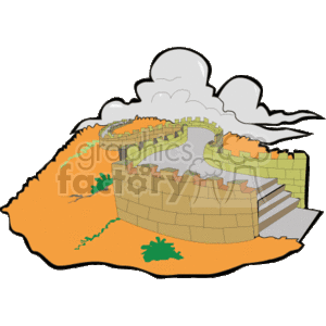 This is a clipart image of the Great Wall of China. It shows a stylized representation of the wall, which is made from bricks, winding across a landscape. It is a simplified rendering, with an orange ground, a few green leaves scattered around, and clouds in the background to give the impression of an elevated, lofty location. The wall itself features a parapet and stairs leading up to one of the sections. The image is cartoonish in nature, suitable for educational materials or informal presentations about the Great Wall.