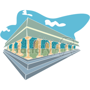The clipart image depicts a stylized building featuring a classical architectural design. It shows a series of pillars or columns supporting a straight entablature and a triangular pediment, typical of Greco-Roman architecture. The building rests upon a stepped base called a stylobate.